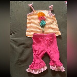 Mud Pie Girls Orange Stripe Ice Cream Tank & Hot Pink Ruffle Pants Set
